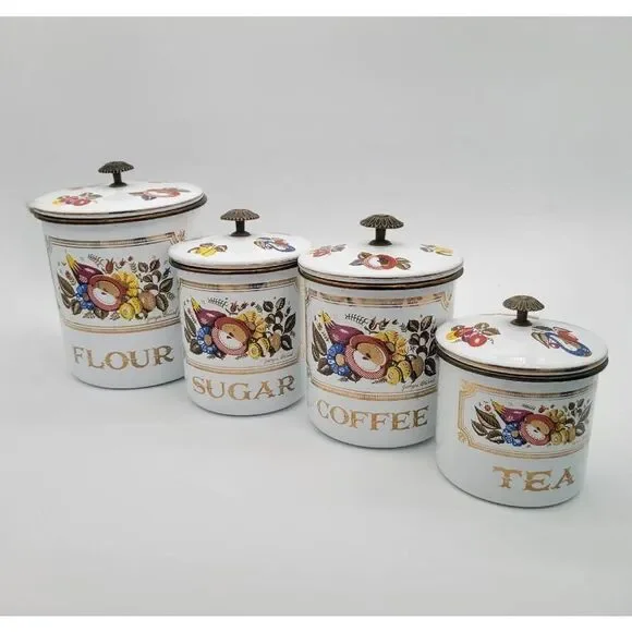 Midcentury 1960's Signed Georges Briard Fruit and Flower Enamelware Canister Set